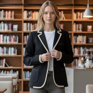 J. Crew factory womens schoolboy Black Wool Blazer with Cream Piping Size 4 prep